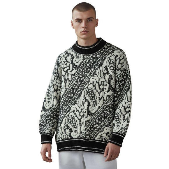 Vintage 80s‎ 90s Y2K Garland Sweater Black White Graphic Grandpa Grunge Mens